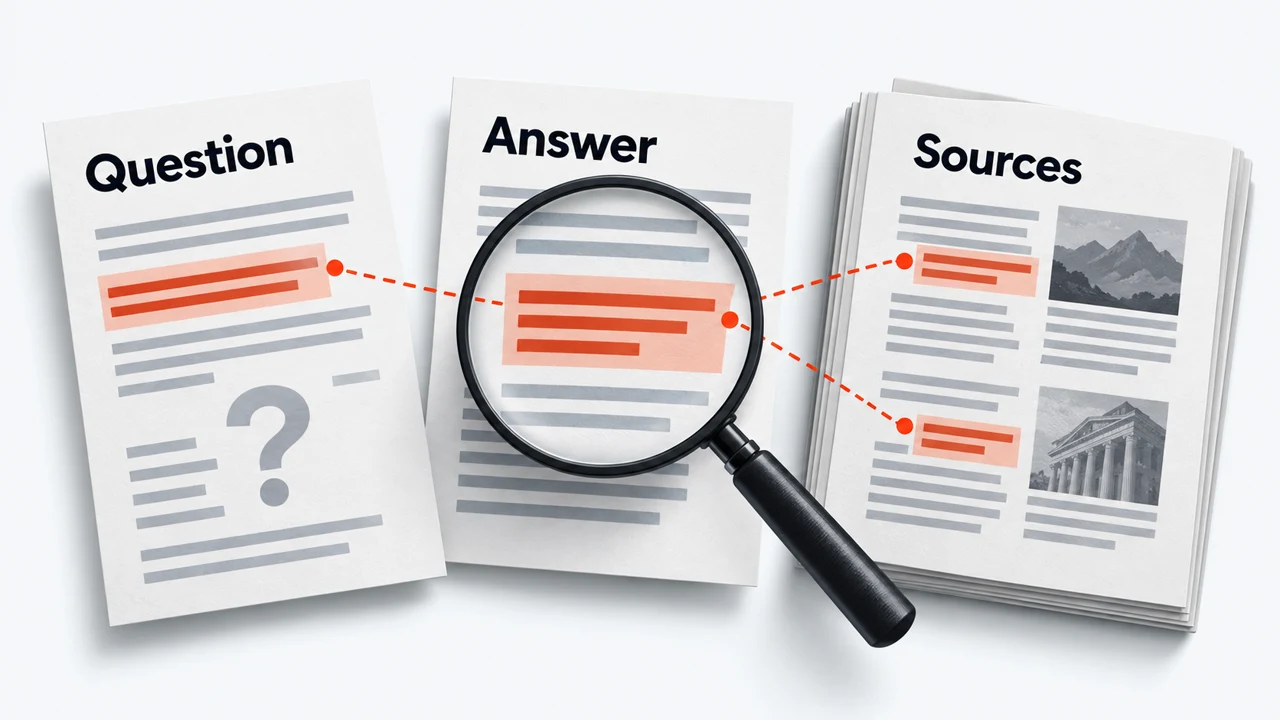 A magnifying lens connects a buyer question, a complete answer and supporting source documents.