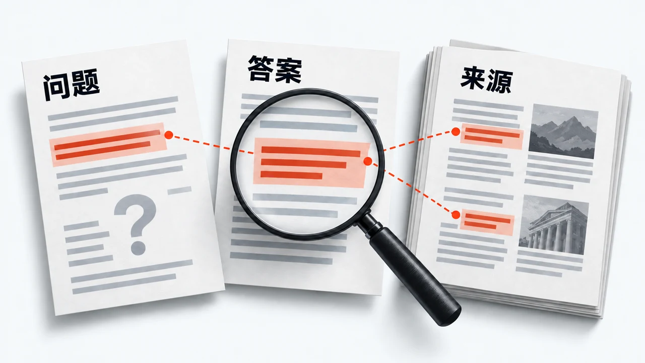 放大镜将买家问题、完整答案和相关来源文件联系起来。