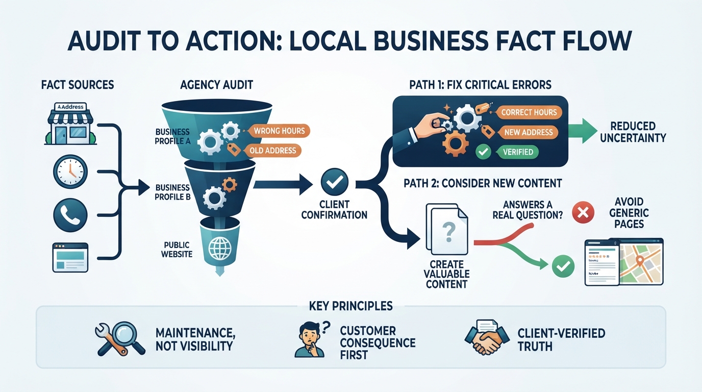 Conceptual illustration for Local GEO for agencies: which business facts should you keep accurate for AI search?: The content-versus-cleanup question is really a sequencing decision.