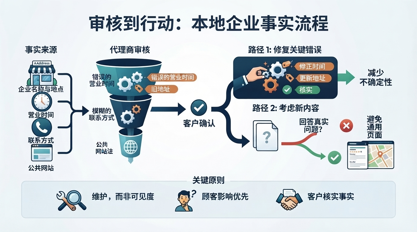 「代理商的本地 GEO 实务:哪些企业信息要保持准确,才能应对 AI 搜索?」的概念示意图:内容还是信息修正,其实是先后顺序的决定。