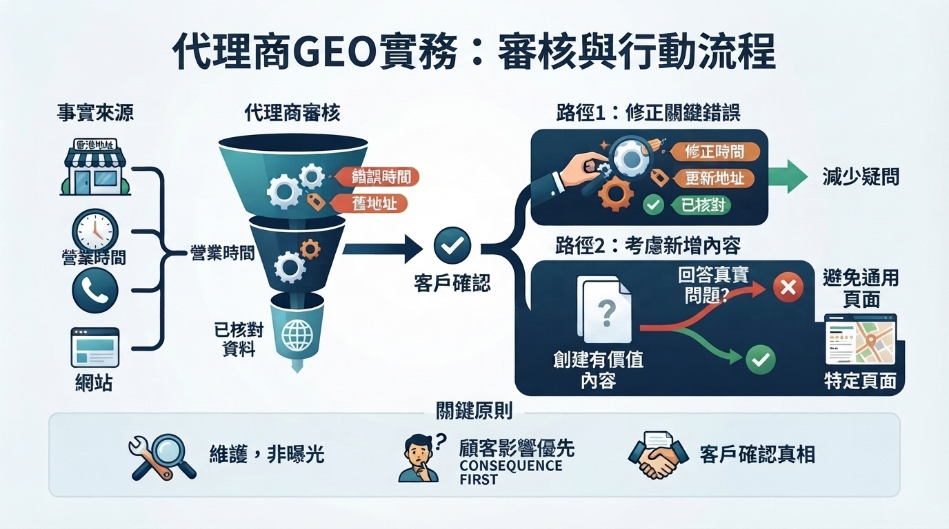 「代理商的本地 GEO 實務:哪些企業資料要保持準確,才能應對 AI 搜尋?」的概念示意圖:內容還是資料修正,其實是先後次序的決定。