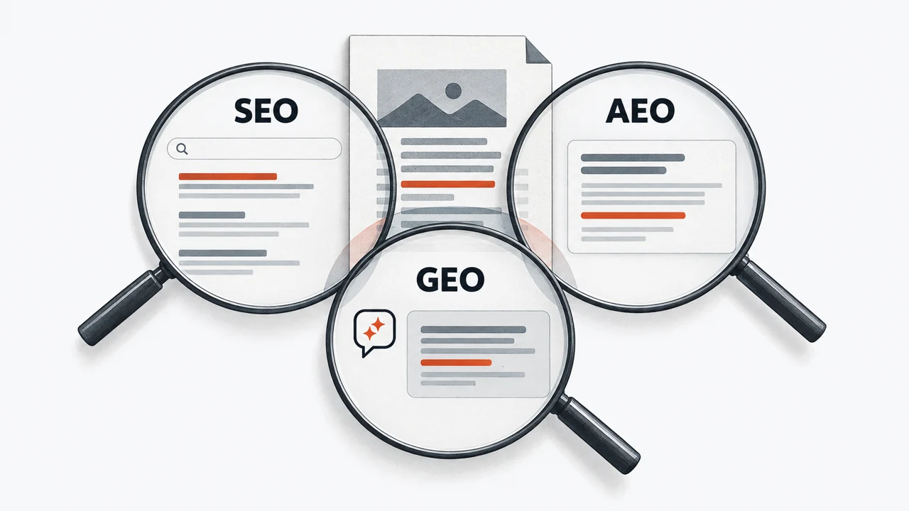 Three overlapping lenses labelled SEO, AEO and GEO inspect one source page from search, direct-answer and generated-answer perspectives.