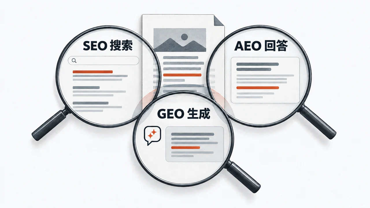 三个标有「SEO 搜索」、「AEO 回答」和「GEO 生成」的重叠放大镜,从搜索、直接回答和生成答案三个角度查看同一个来源页面。