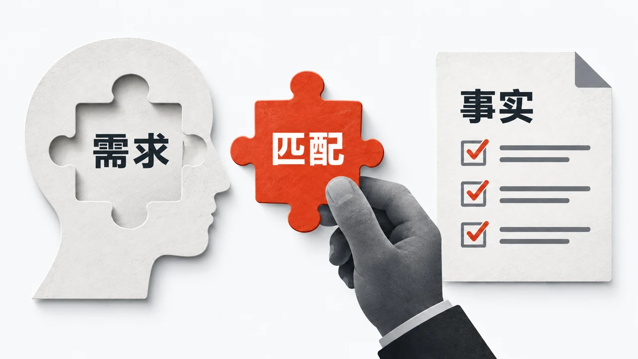 一块标有「匹配」的产品拼图,与买家「需求」作比较,旁边是一份「事实」佐证文件。